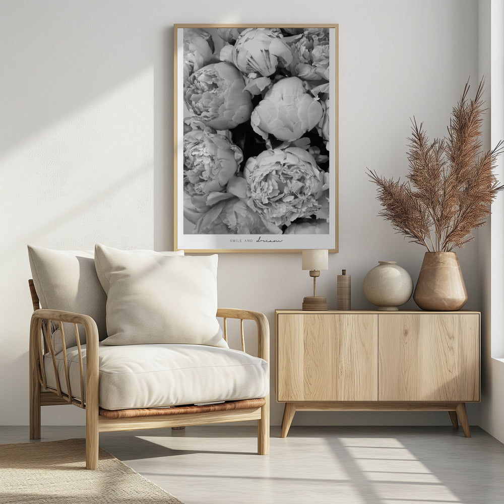 Smile and dream peonies BW Poster