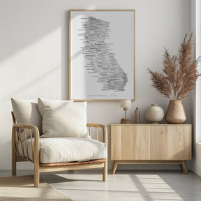 Grayscale watercolor map of California with cities Poster