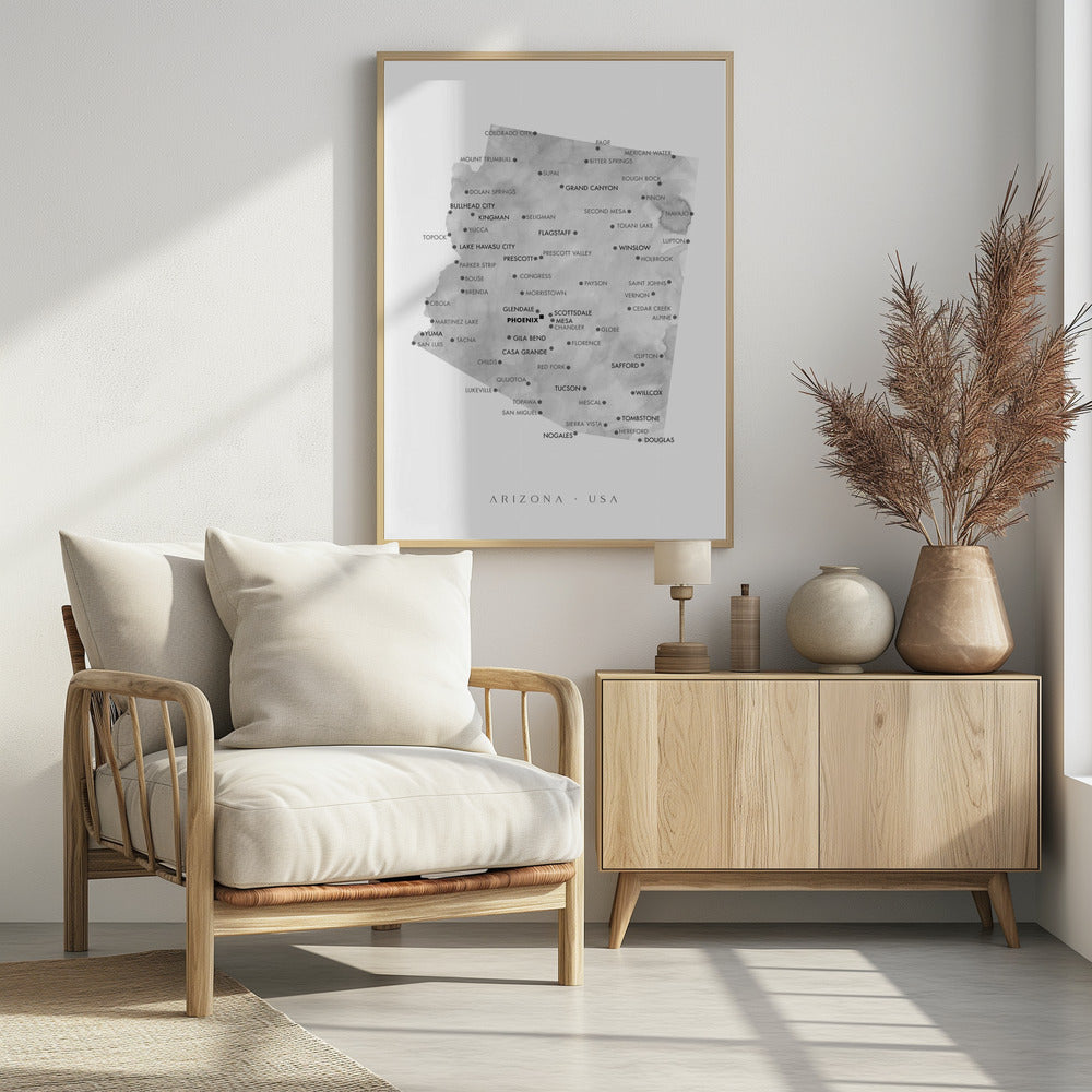 Grayscale watercolor map of Arizona, USA Poster