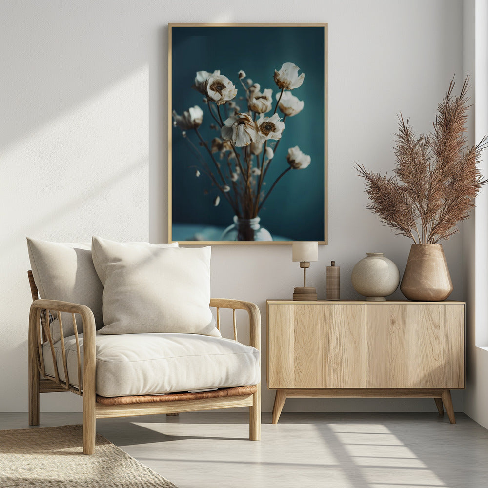 White Flowers On Turquoise Background Poster