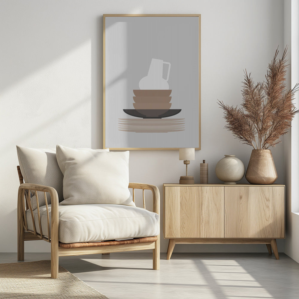 Dishes and vase in gray Poster