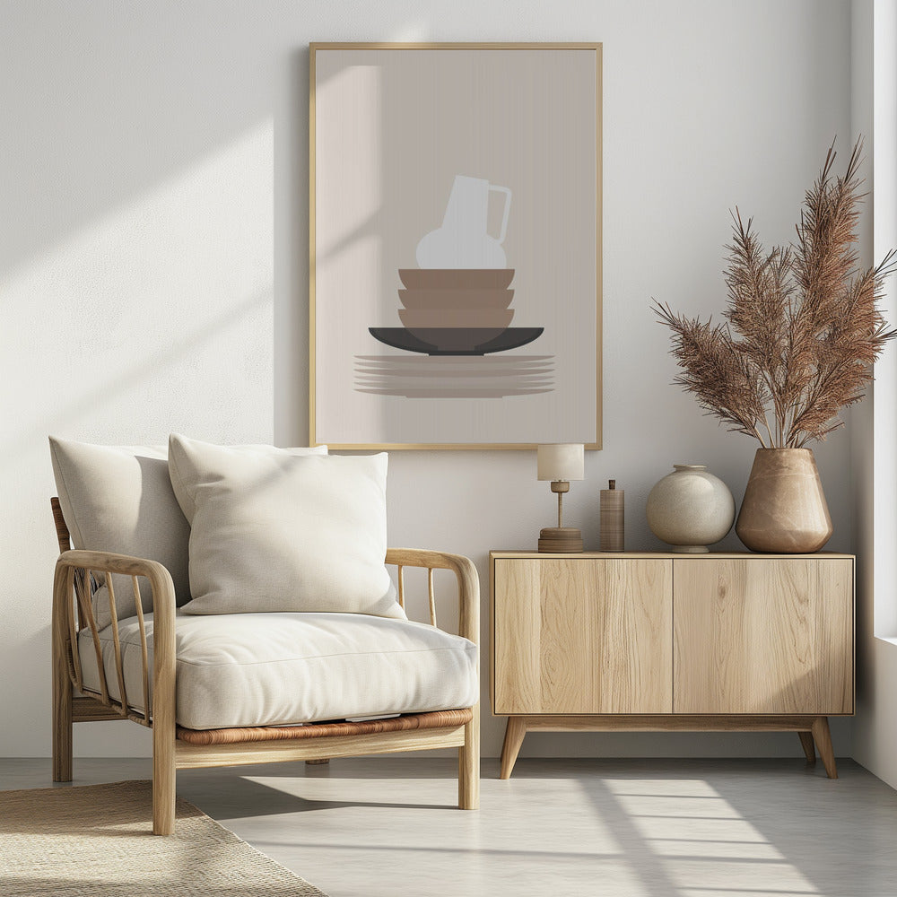 Dishes and a vase in beige Poster