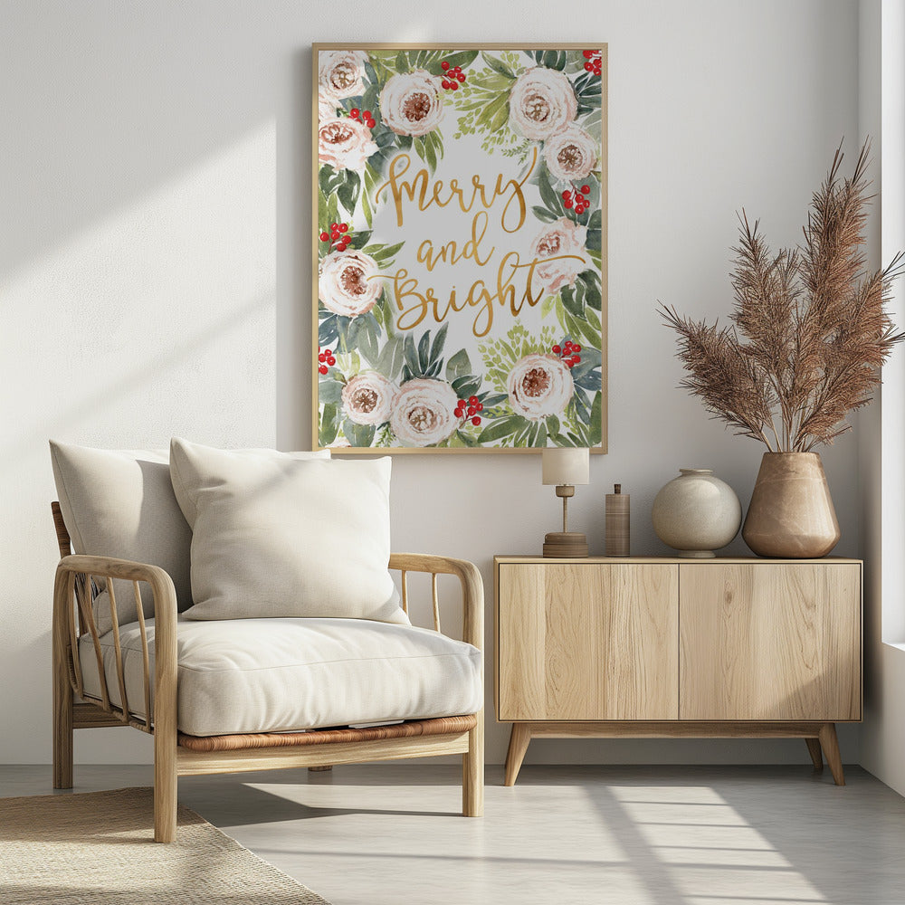 Merry and bright holiday roses and berries Poster