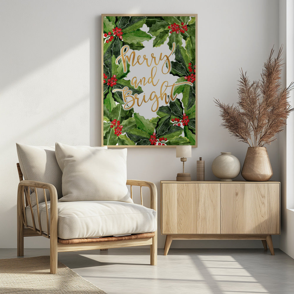 Merry and bright holly floral art Poster