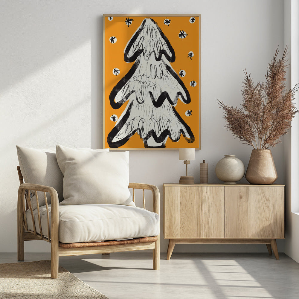 Christmas Tree And Snow Yellow Poster