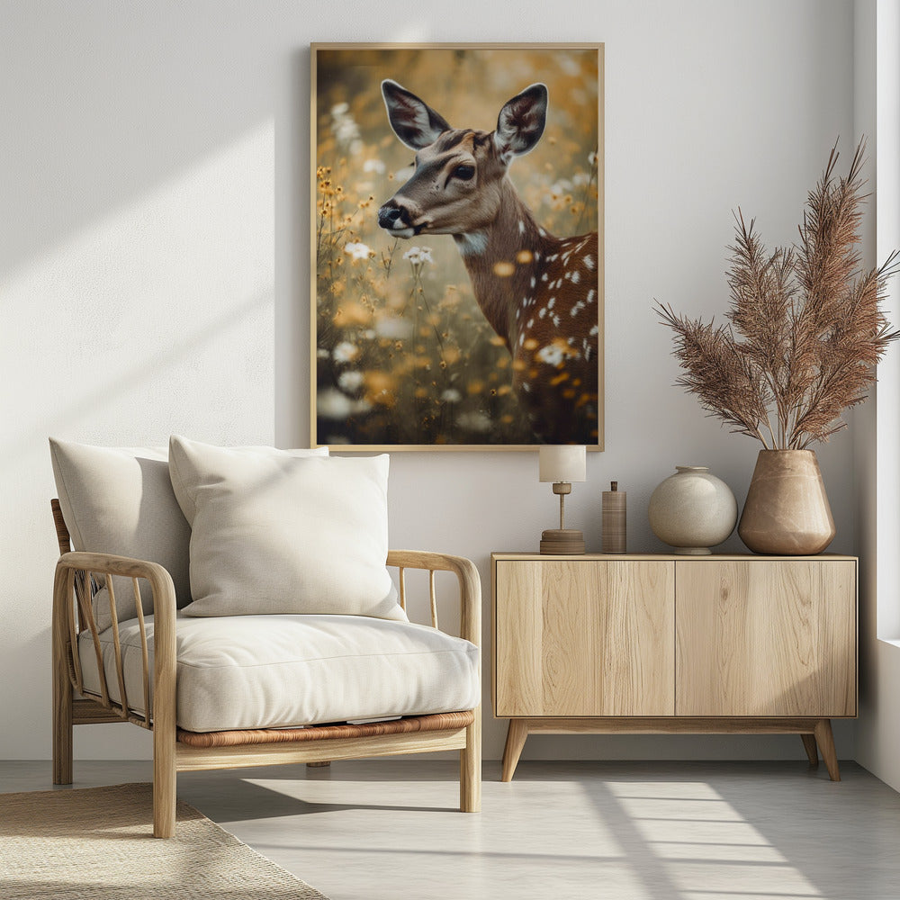 Deer In Flower Field Poster