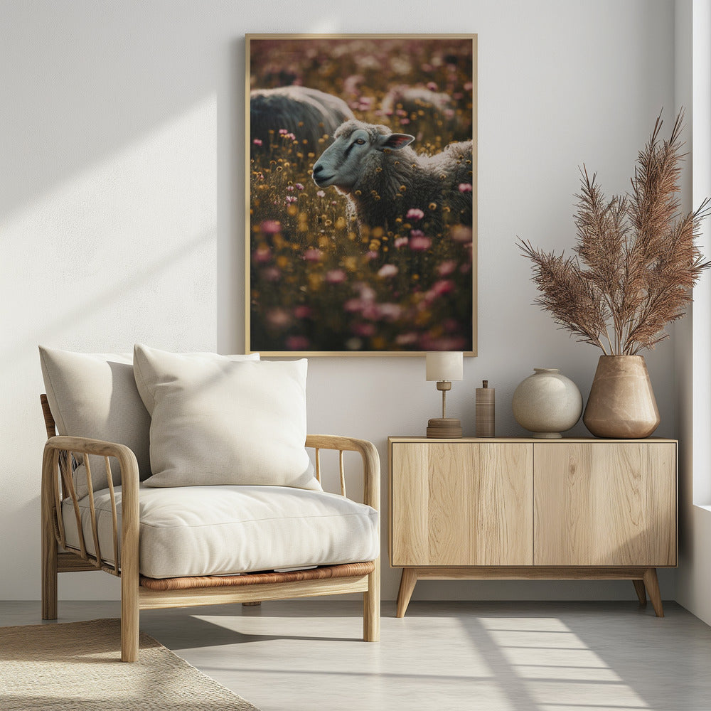 Sheeps In Flower Field Poster