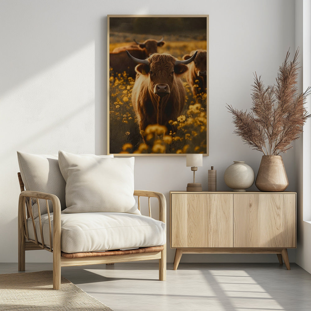 Highland Cows In Flower Field No 2 Poster