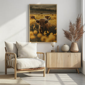 Highland Cows In Flower Field Poster