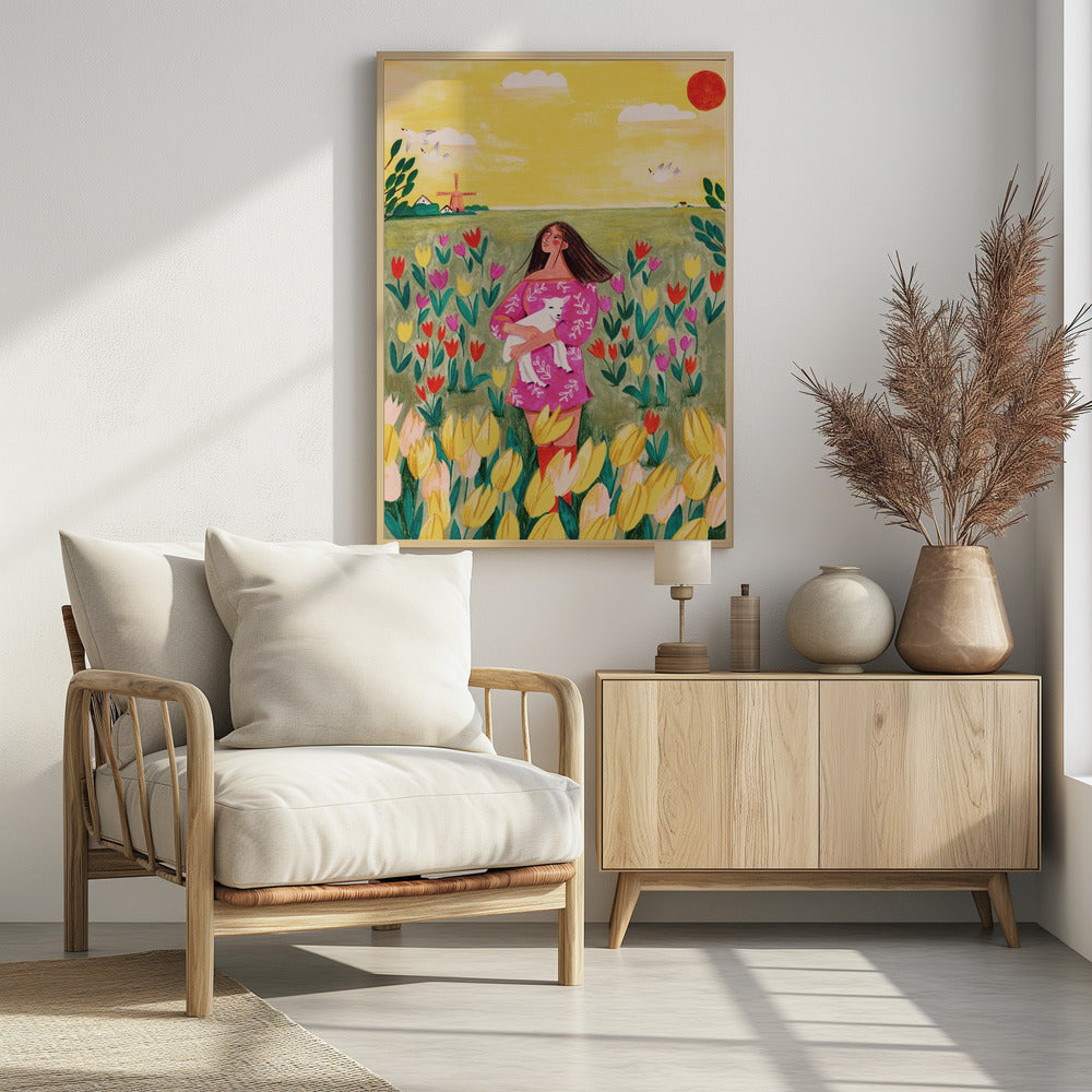 Woman in spring tulip field Poster