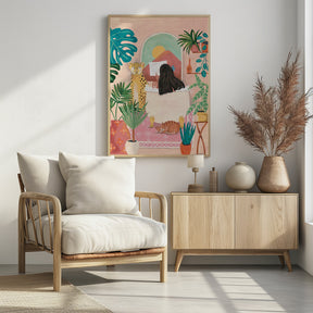 Woman taking bath in pink tropical bathroom Poster