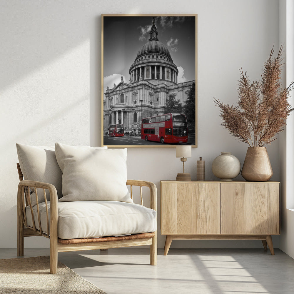 LONDON St. Paul’s Cathedral &amp; Red Bus Poster