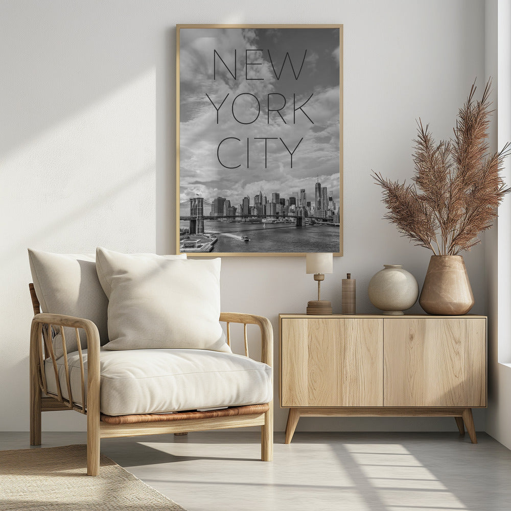 NYC Brooklyn Bridge &amp; Lower Manhattan | Text &amp; Skyline Poster