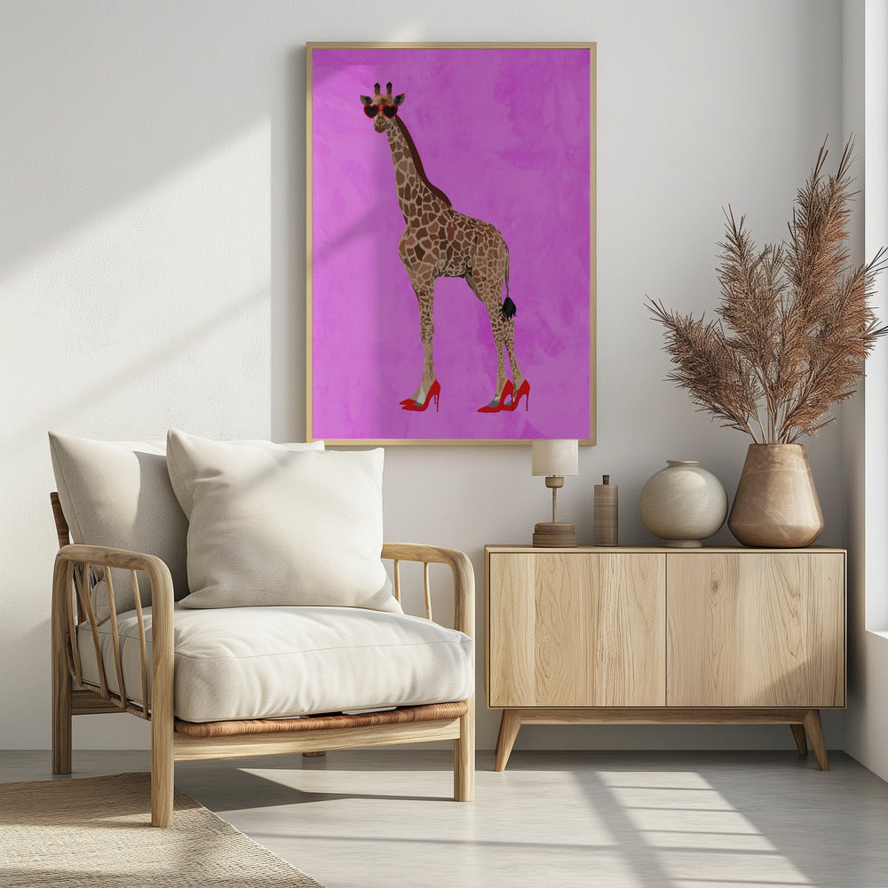 Giraffe wearing heels and heart glasses pink Poster