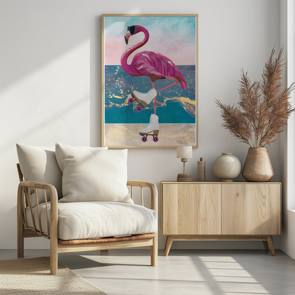 Flamingo rollerskating on the beach Poster