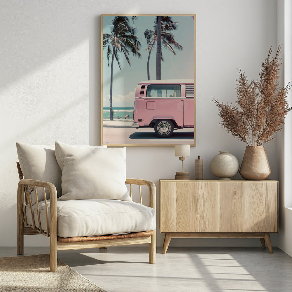 Pink Bus By the Beach Poster