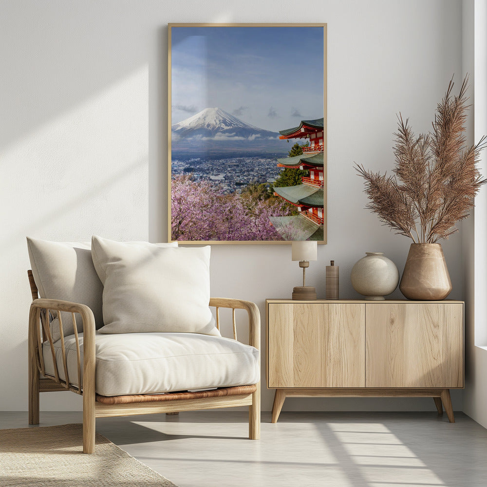 Unique view of Mount Fuji with Chureito Pagoda during cherry blossom season Poster