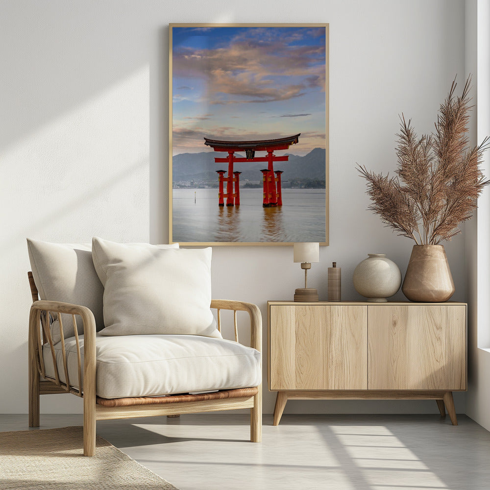 Vermilion Torii of Itsukushima Shrine on Miyajima in the evening Poster