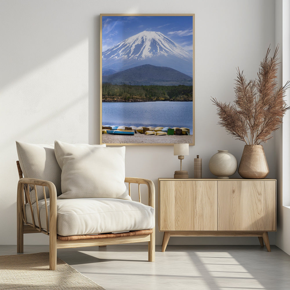 Picturesque Lake Shoji with striking Mount Fuji Poster