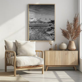 Unique view of Mount Fuji with Chureito Pagoda during cherry blossom season - monochrome Poster