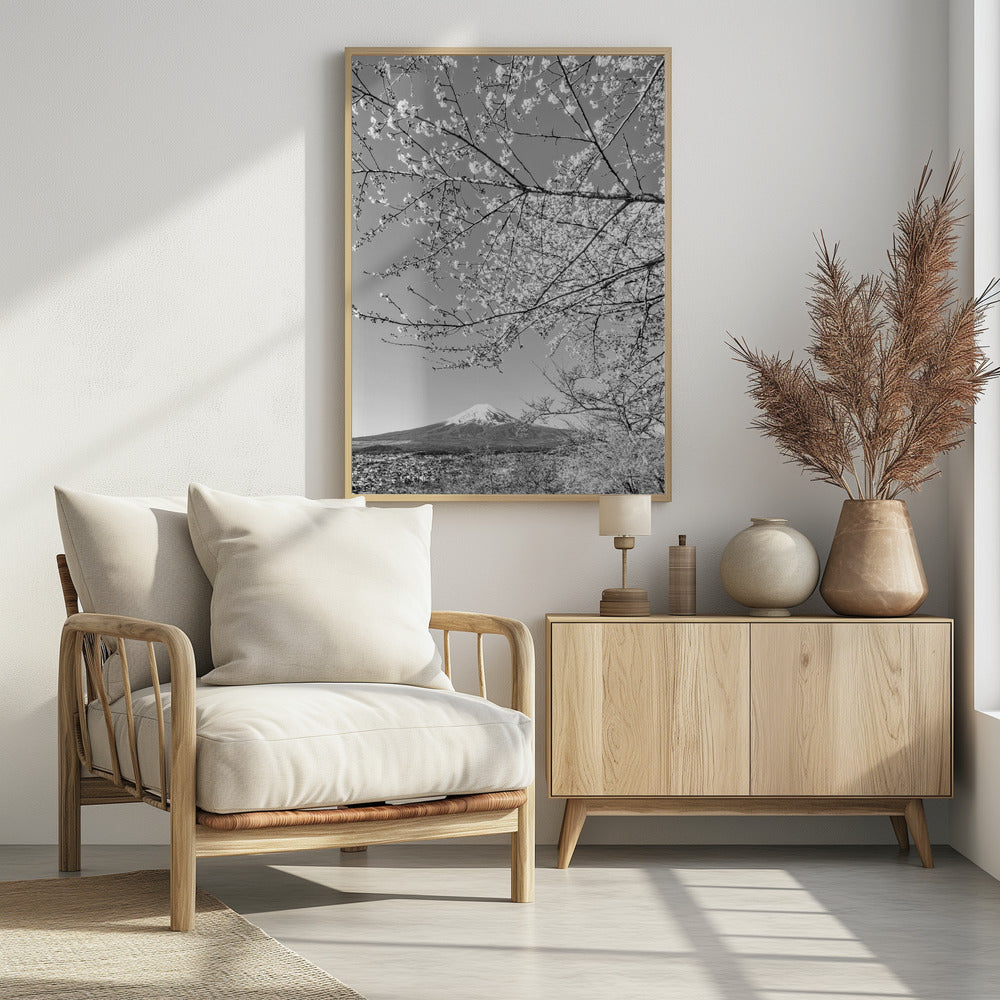 Charming view of Mount Fuji with cherry blossoms - monochrome Poster