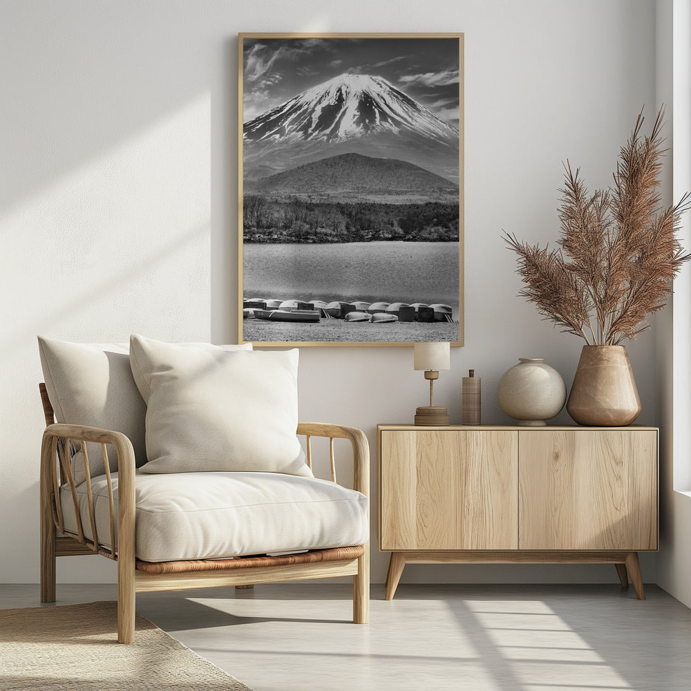 Picturesque Lake Shoji with striking Mount Fuji - monochrome Poster