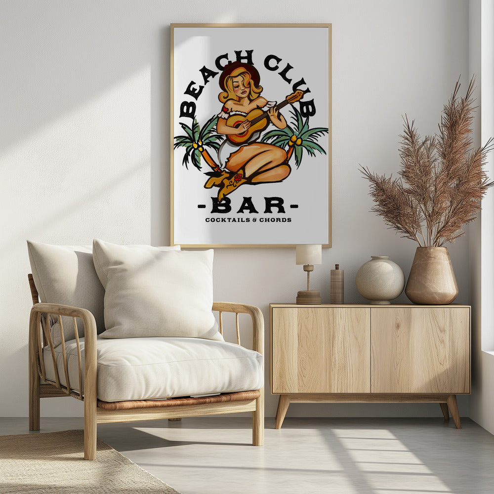 Beach Club Bar. Sailor Jerry Style Pin-up Girl Playing Guitar Poster