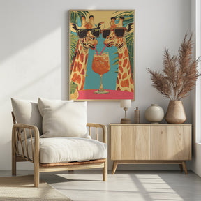 Giraffes Sharing a Drink Poster