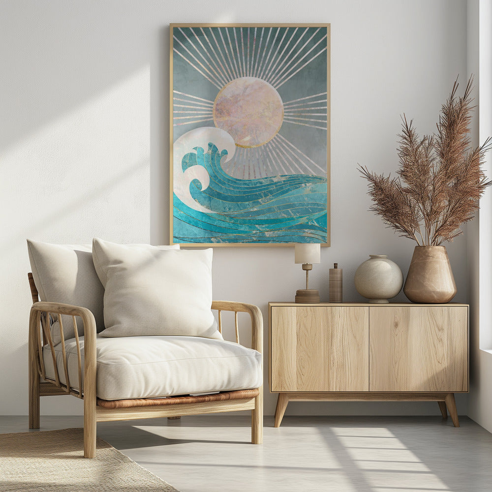 Sunset Golden Ocean Grey Poster