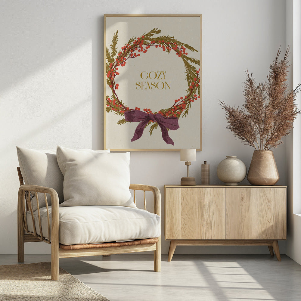 Cozy Season. Christmas wreath with bow Poster