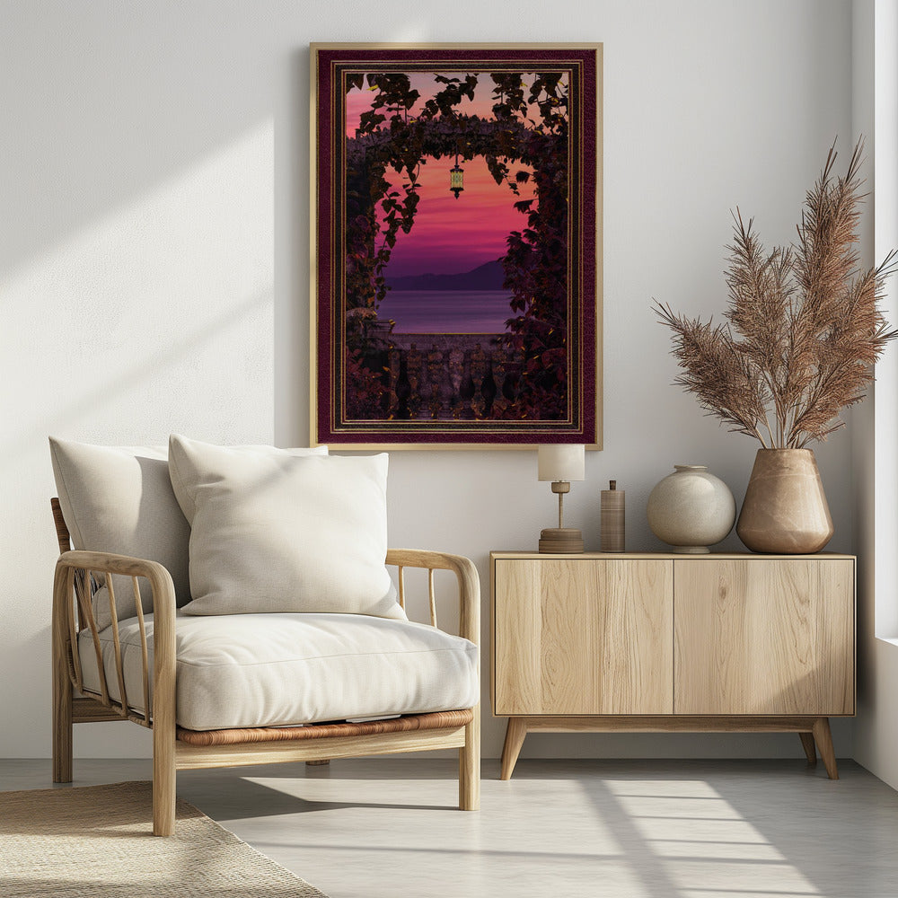 Sunset view with ornate &amp; gold burgundy frame Poster