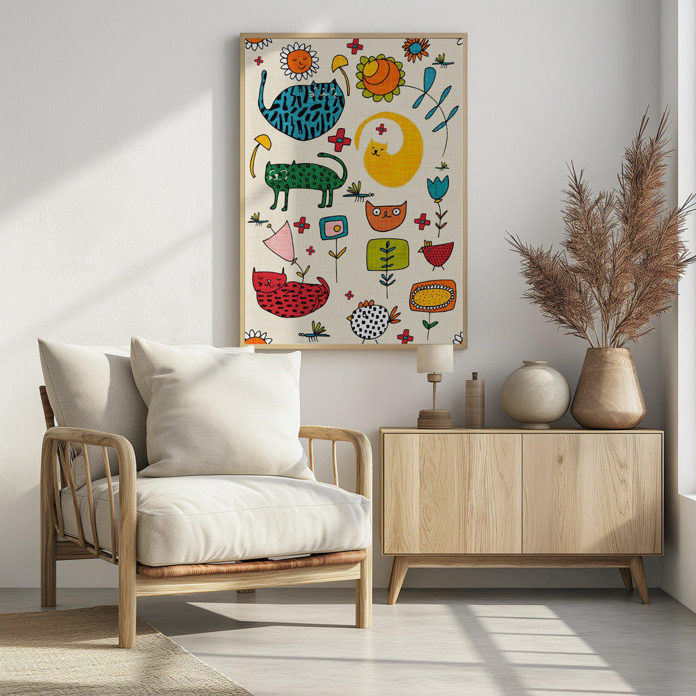 Spring Cat Beige - Cute Whimsical Cats with Flowers Poster