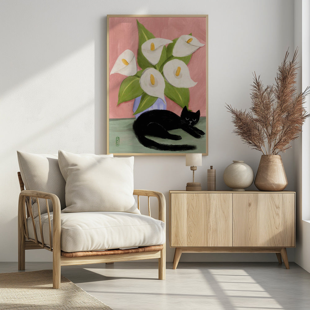 Lilies In a Vase and a Black Cat  - Still Life Illustration Poster