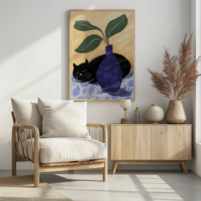 Sleeping Black Cat On Paisly Lia Illustration Poster