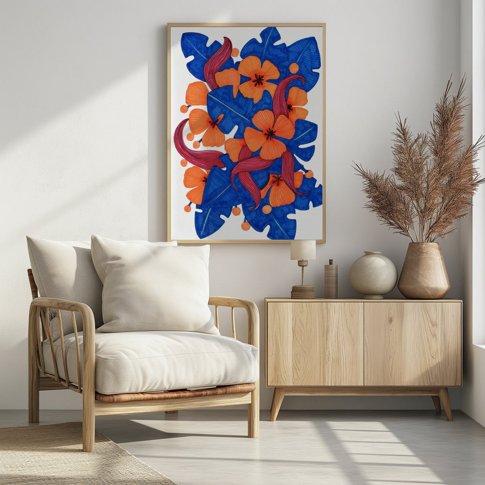 Hawaiian Orange and Blue Florals Poster