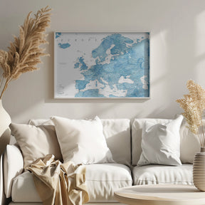 Blue detailed map of Europe Poster