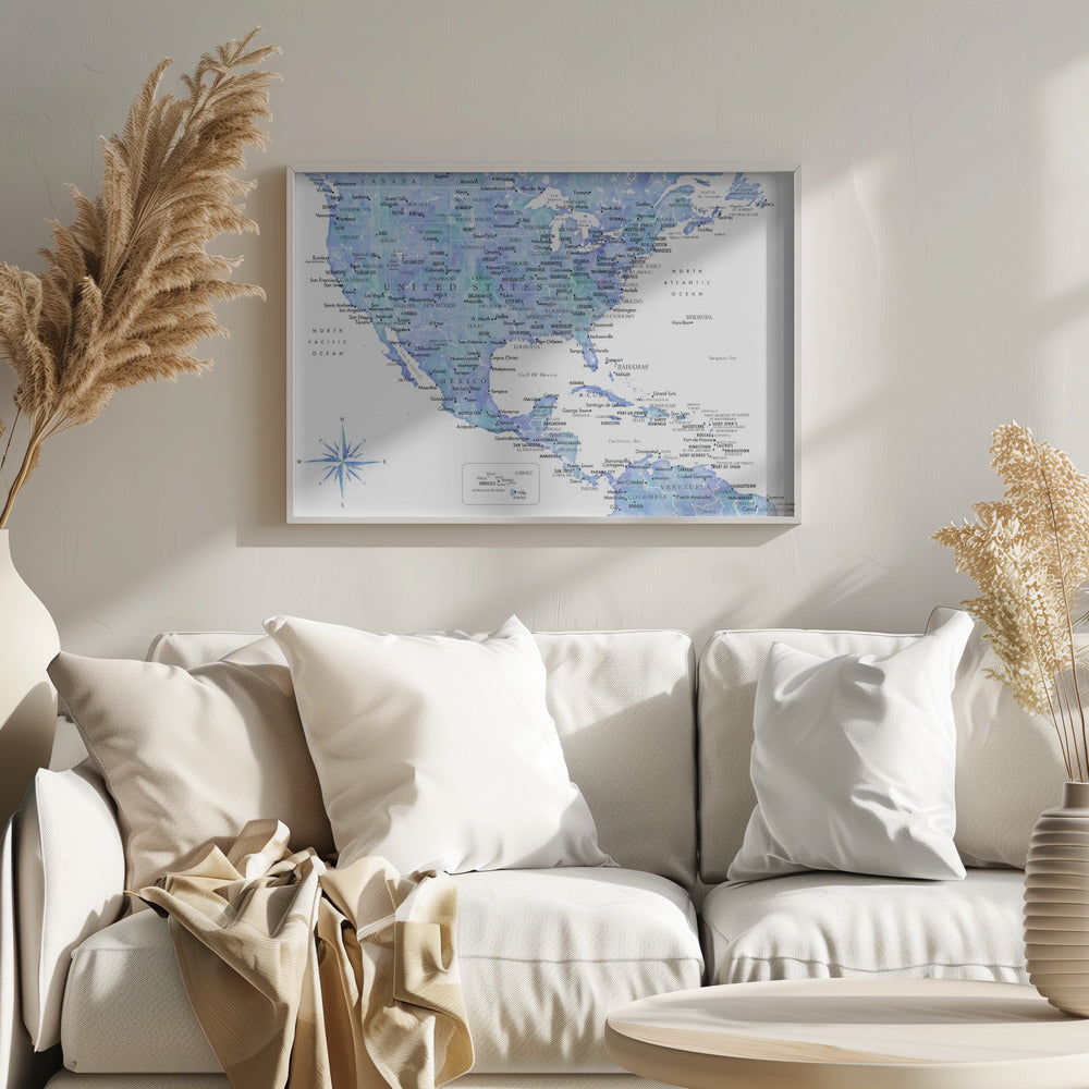 Blue map of USA and the Caribbean sea Poster