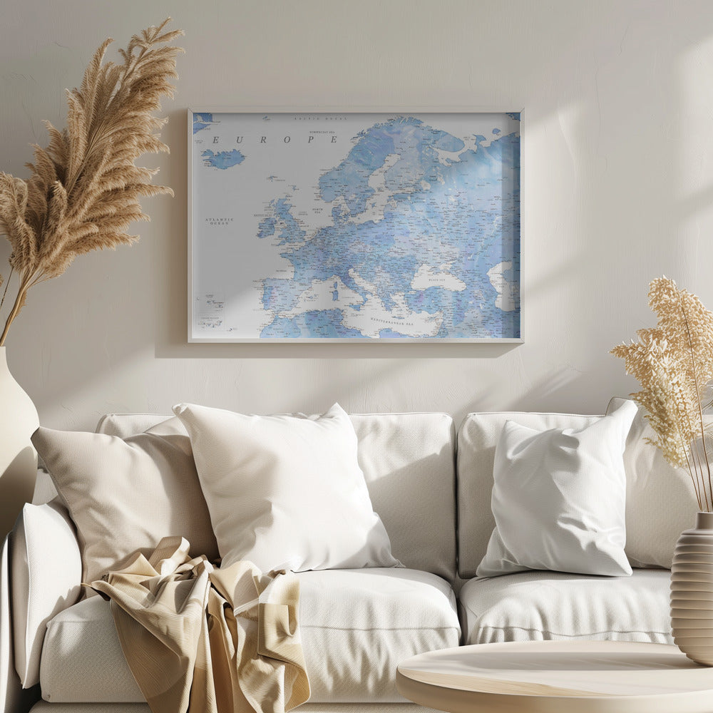 Light blue watercolor detailed map of Europe Poster