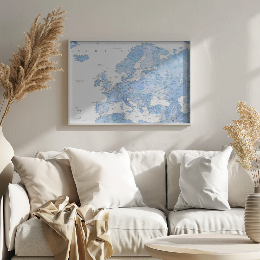 Light blue watercolor detailed map of Europe Poster