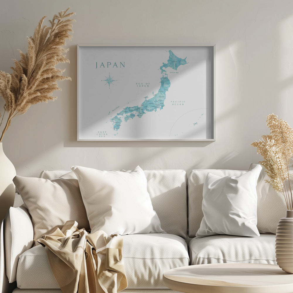 Aquamarine watercolor Japan map Poster