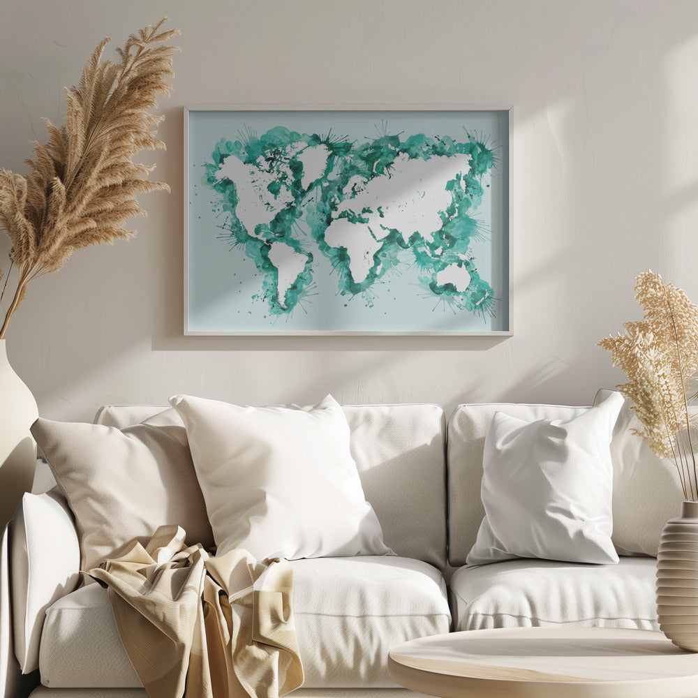 Teal strokes world map Poster