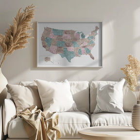 Pink and teal watercolor map of the US Poster