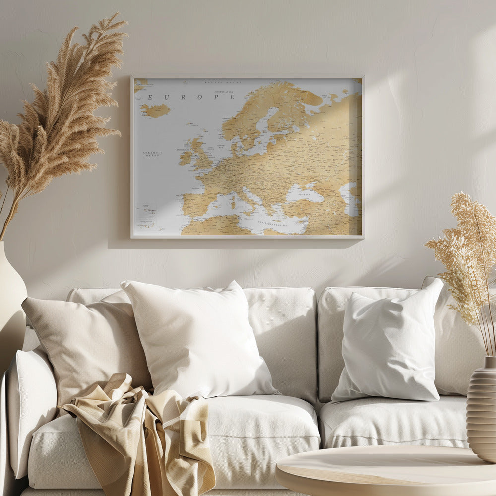 Golden detailed map of Europe Poster