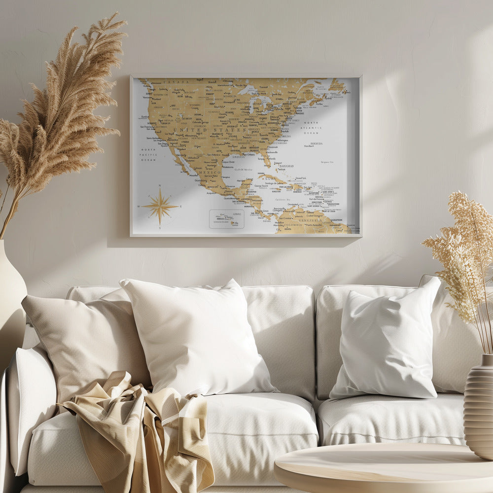 Golden map of USA and Mexico Poster