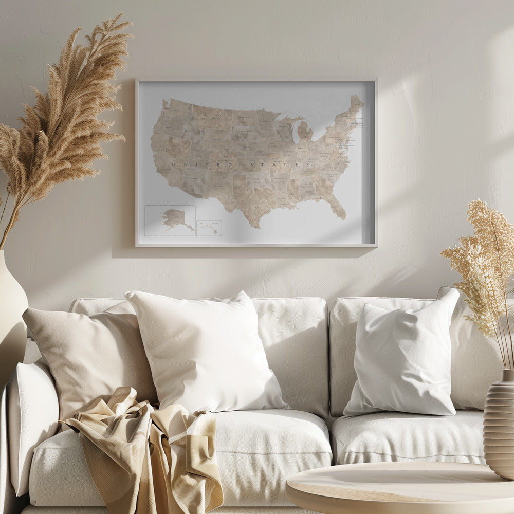 Taupe watercolor US map Poster