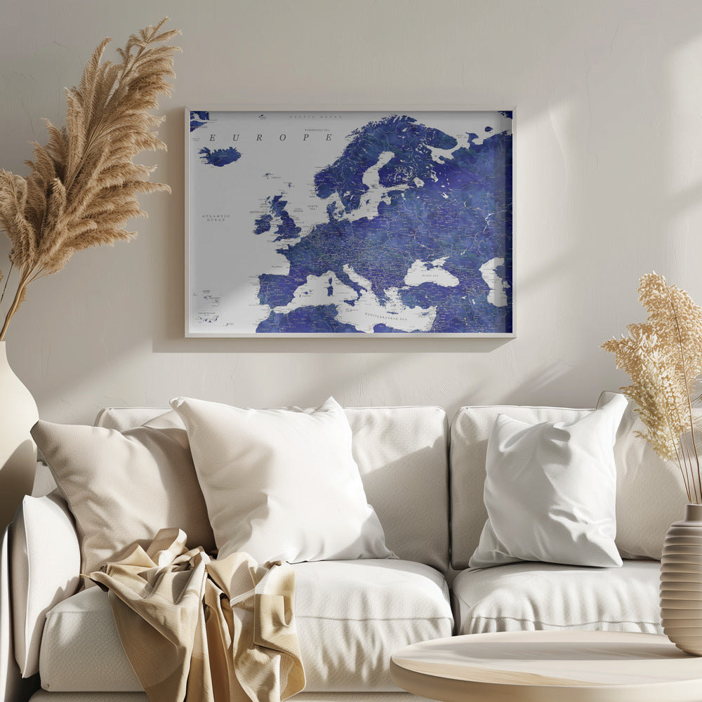 Navy blue detailed map of Europe Poster