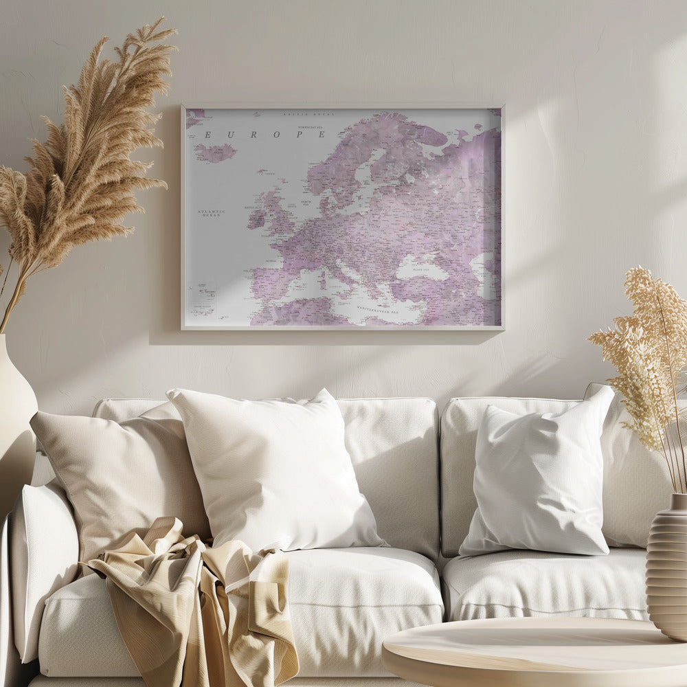 Purple detailed map of Europe Poster