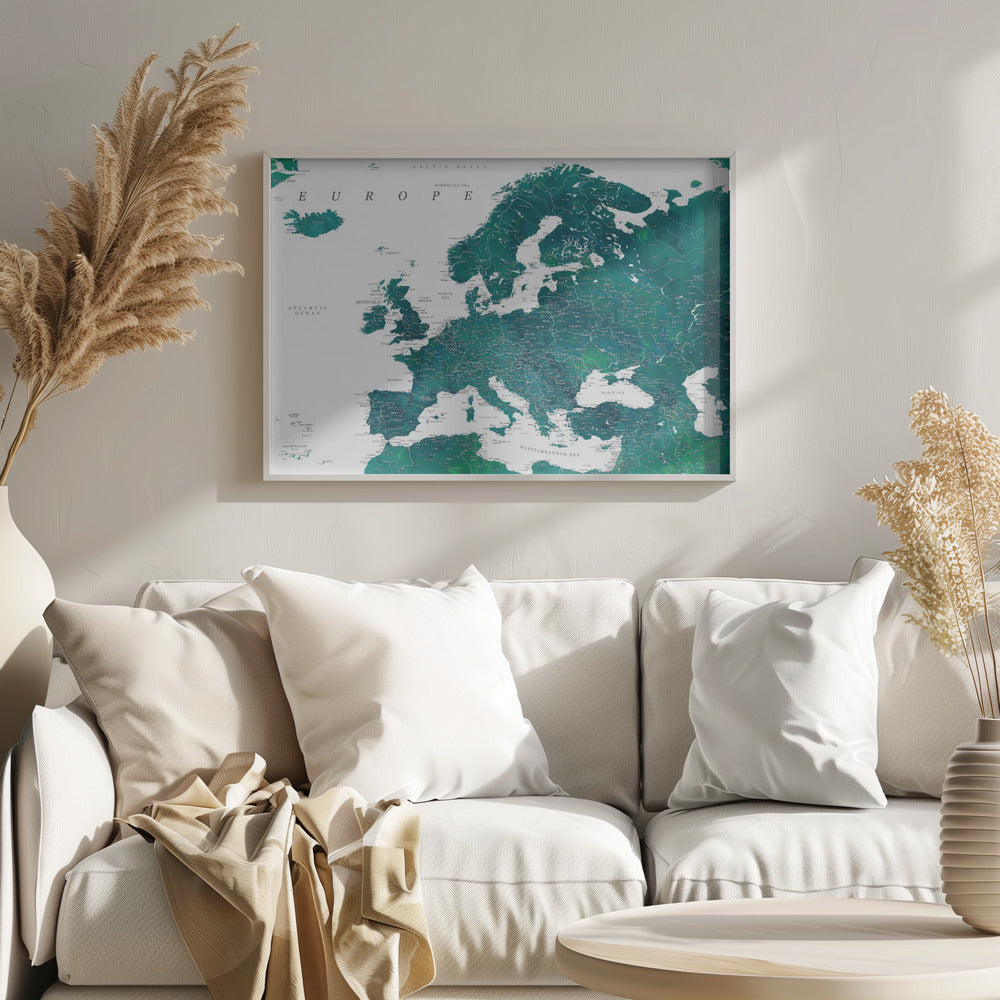 Teal detailed map of Europe Poster