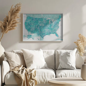 Highly detailed map of the United States, Caribbean waters Poster