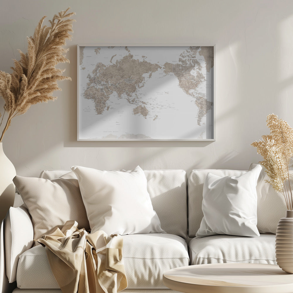 Pacific-centered world map with cities, Abey Poster